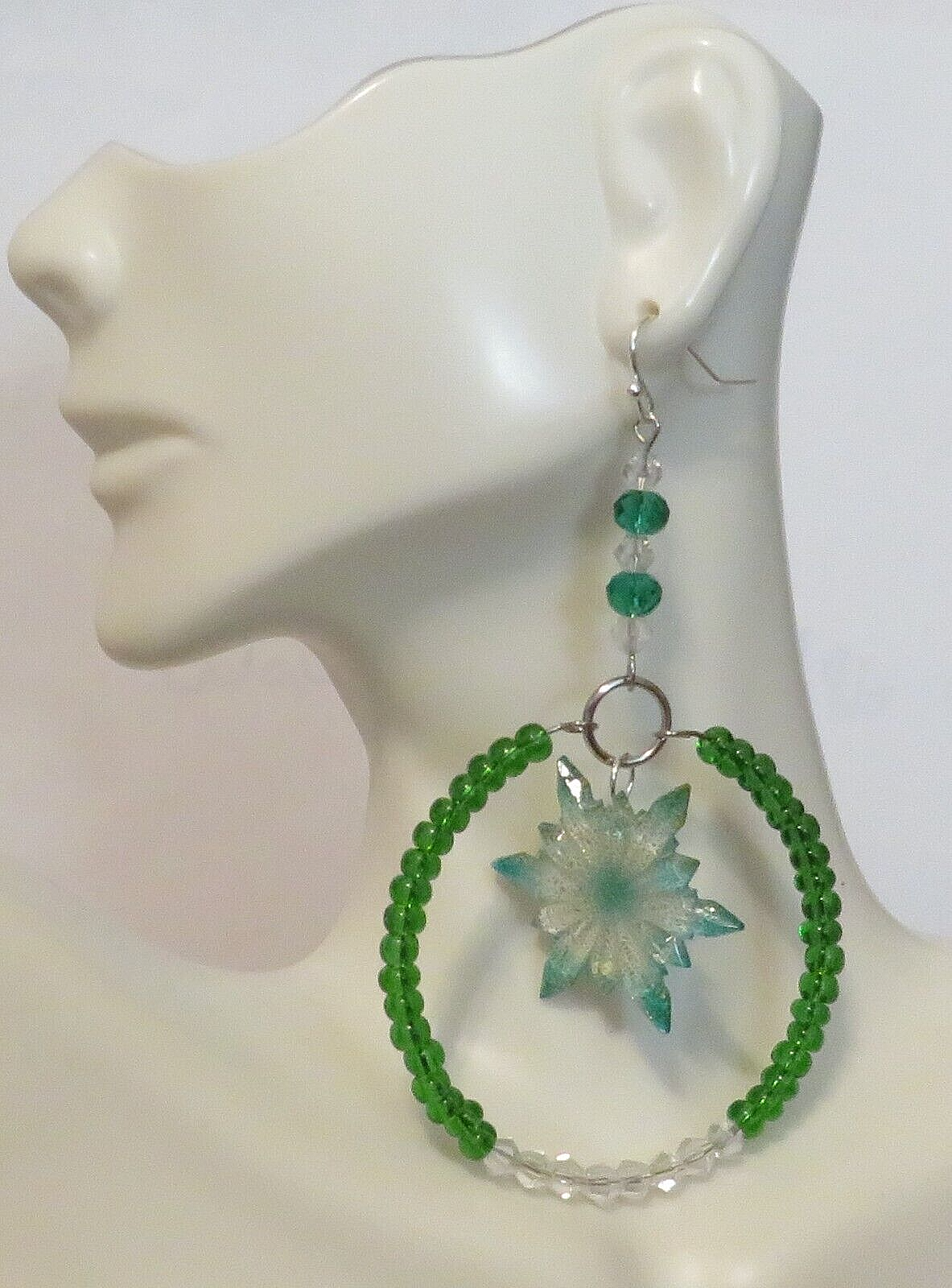 Green Snowflake Accent Holiday Hoop Earrings with 3