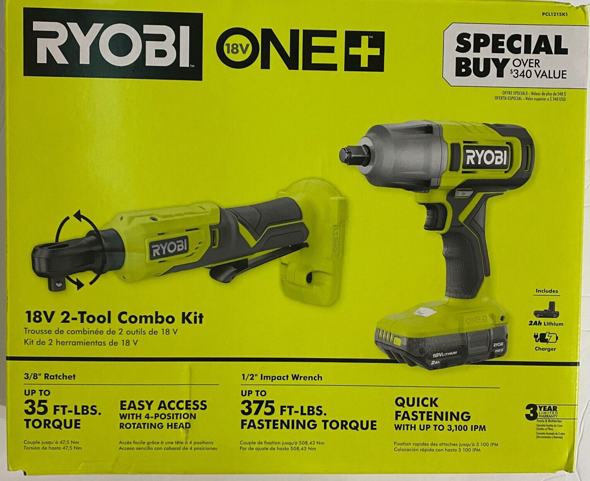 RYOBI PCL1215K1 2-Tool Combo Kit 3/8 Ratchet, 1/2 Impact Wrench, Lith Battery