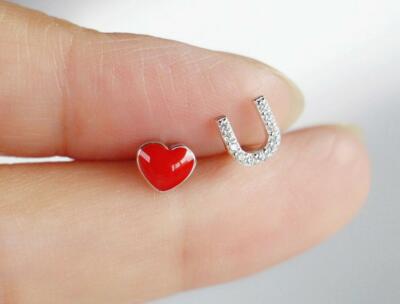 Tiny Red Heart I Love U Silver SP Pave Cubic Zirconia Stud Earring