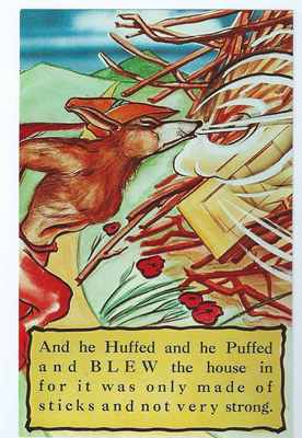 Story of 3 Little Pigs, Wolf Blowing Down the Stick House Postcard