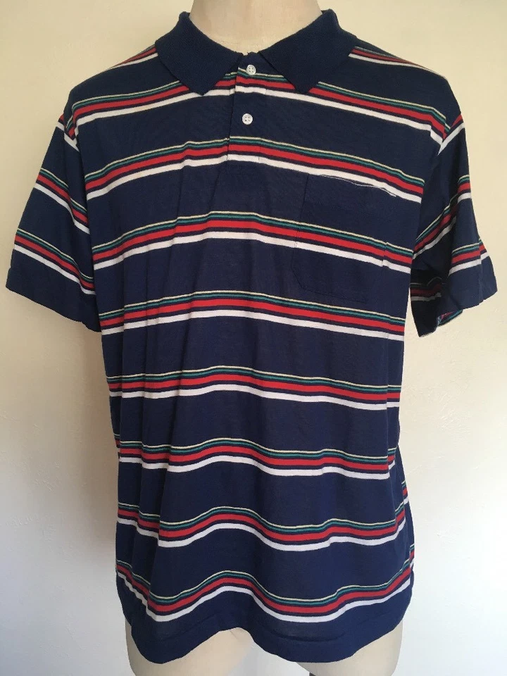 Винтажный 80-х основной поток в полоску карман поло мягкий и тонкий темно-синий XL инди - Изображение 2 из 4