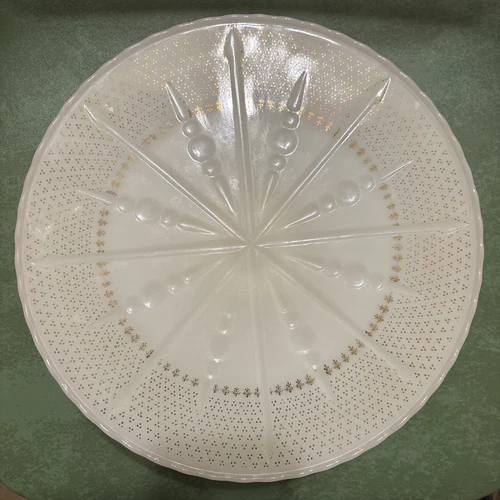 Vintage Anchor Hocking Fire King Ivory Milk Glass Gold Etched Cake Stand Plate