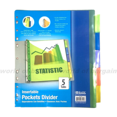 5 Tab Colored POCKET Dividers 3 Ring Binder Plastic Film File Folder Inserts