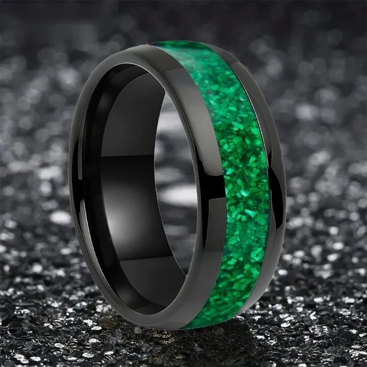 Alianza de anillo de boda de ajuste cómodo con incrustación de piedra de ópalo verde centro pulido cúpula de 8 mm Foto 4 de 4