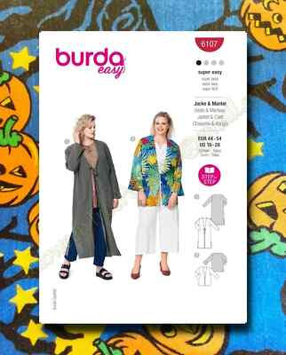 Burda 6107 Easy Sewing Pattern Cardi Jacket Duster Sizes 18-28 b6107