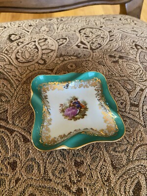 Limoges France Green and Gold Square Porcelain Trinket Dish Fragonard Love Story