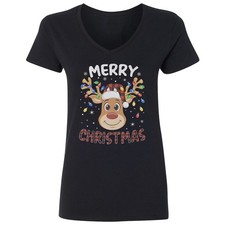 Cute Reindeer Antlers Xmas Lights - Merry Christmas Ladies' V-Neck Tshirt