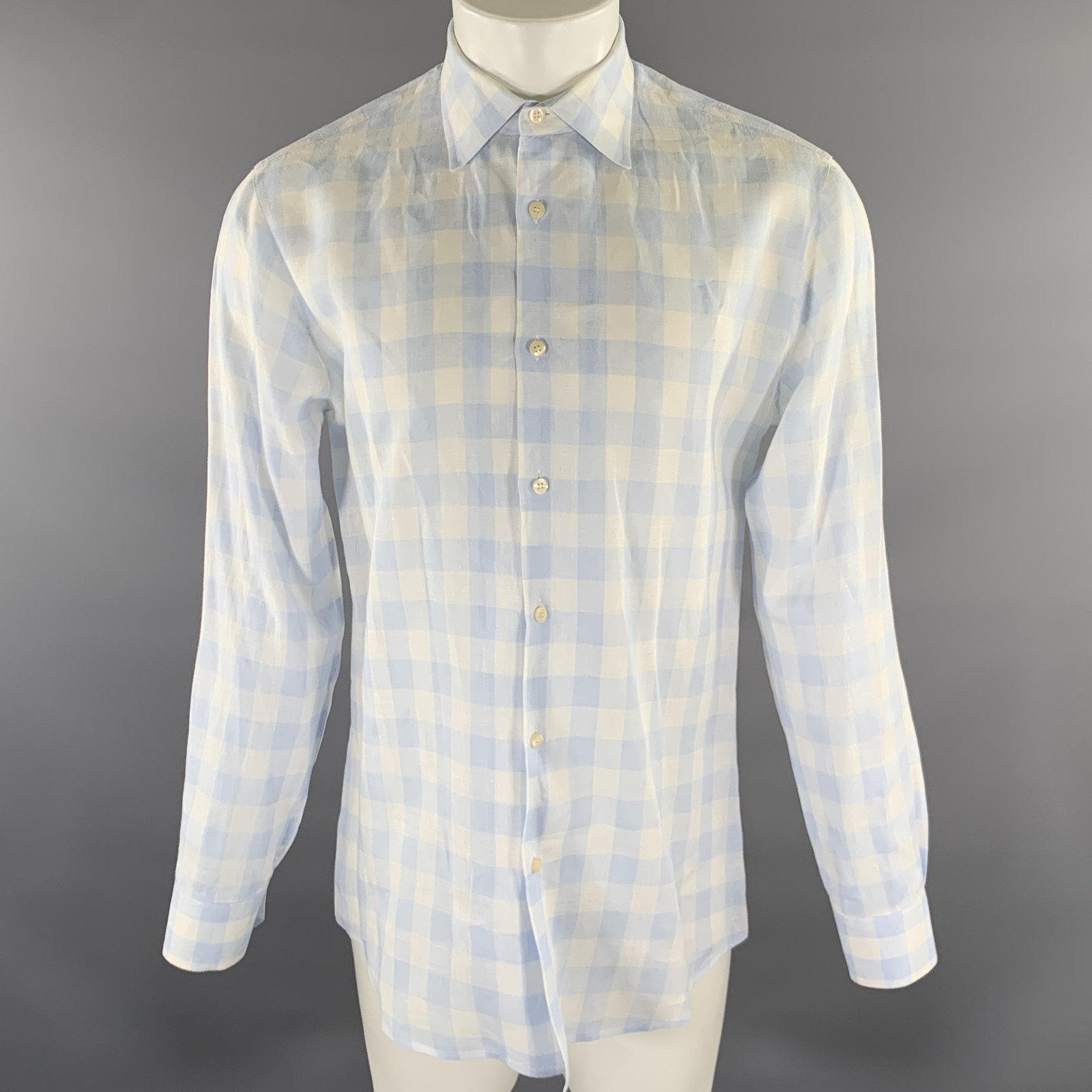PAUL SMITH Size M White Blue Checkered Linen Long Sleeve Shirt