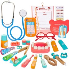 Wooden Dentist Kit for Kids, 41 Pieces Toy Medical Kit with Stethoscope  Med...