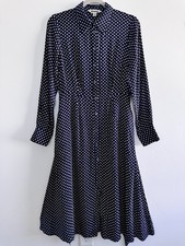 Boden Kate Navy/White Polka Dot Midi Shirt Dress Long Sleeve Pockets US 8R