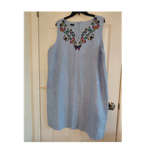 Talbots Shift Dress 16W Blue Linen Cotton Sleeveless Butterfly Embroidered Women