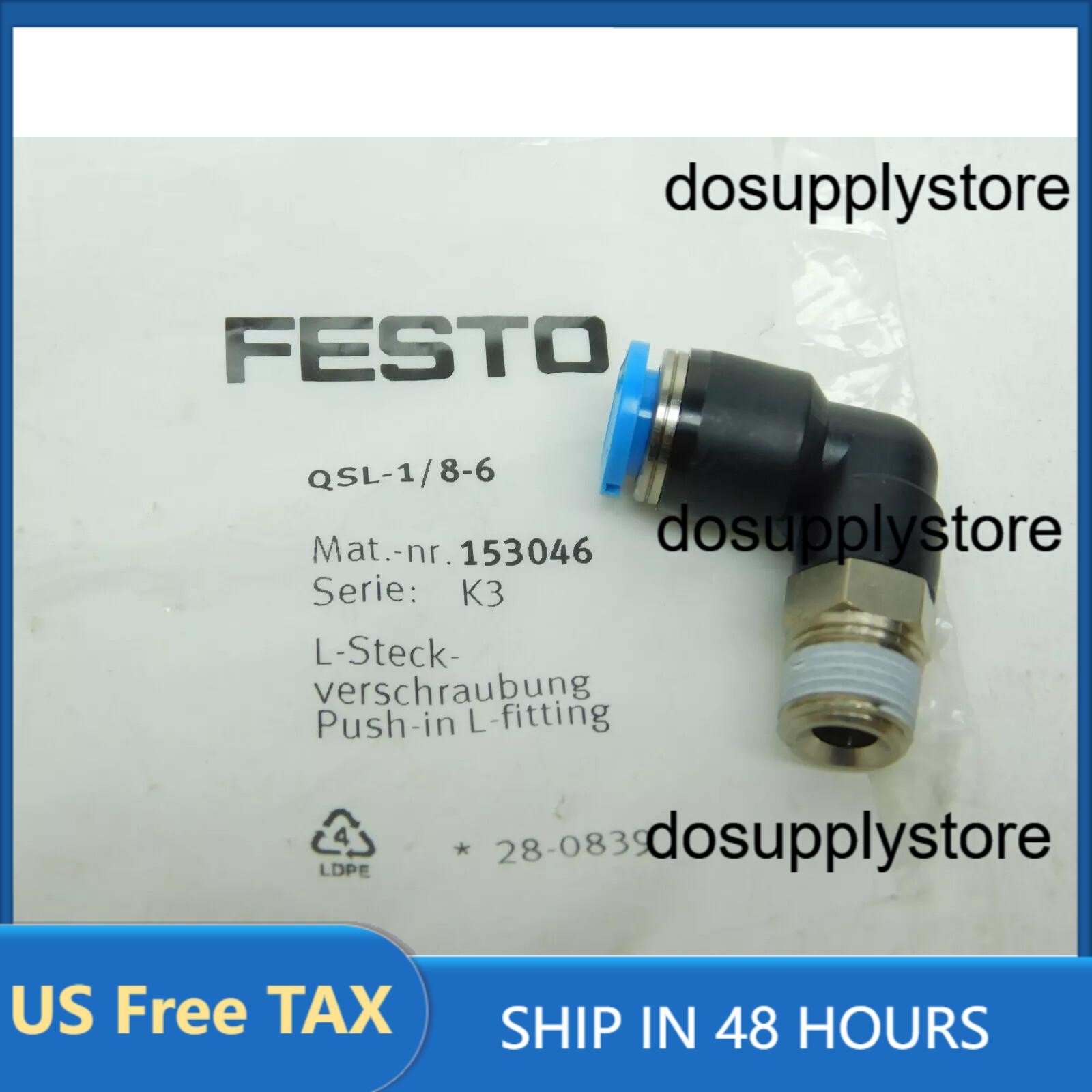 FESTO CORPORATON QSL-1/8-6 Push-in 90 deg Connector - US STOCK