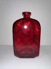 Vintage decorative red flat ruby red glass bottle 7in.