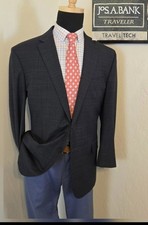 Jos A Bank Traveler Tech Suit Jacket 46R Slim Fit Gray Plaid Check Altered
