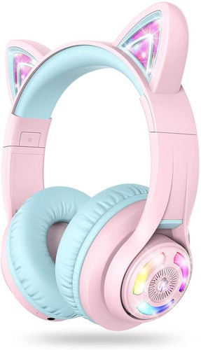 iClever Kids Headphones Bluetooth Headphones Cat Ear LED Light Up Wireless 673
