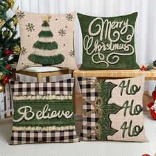 4 Pcs Vintage Green Rustic Christmas Tree Plush Pillow Covers Cushion Case Gift