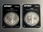 2017 & 2018 American Silver Eagle In Apmex Mint Direct Assay Card. BU Condition