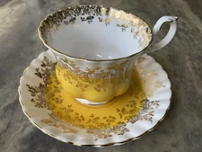 Vintage Yellow and Gold Filigree Royal Albert Regal Series Footed Cup & Saucer