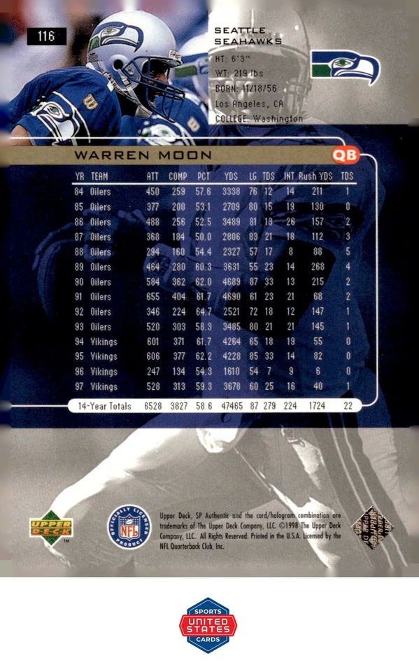 1998 SP Authentic #116 Warren Moon - Image 2 of 2