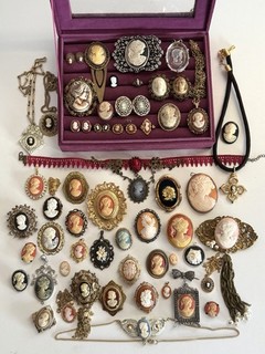 Vintage To Now Cameo Jewelry Lot Of 54 Brooch Pins Earrings Pendants Some Silver