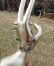 Vintage Malachite Silver Wire Ornate Filigree Silver Plate Bracelet  7 1/2"