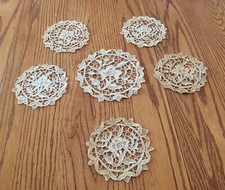 Six Lace Doilies Floral Ecru One 6" Five 4.5" Beige