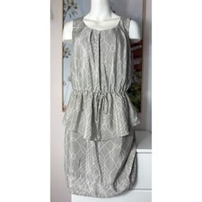 Vince Camuto Grey Tan Beige Peplum Midi Sheath Geometric Dress Size Large 12