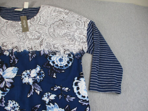 Chicos Camicia Donna 3 Blu Bianco Righe Floreale Manica 3/4 Tunica Relax - Foto 4 di 14