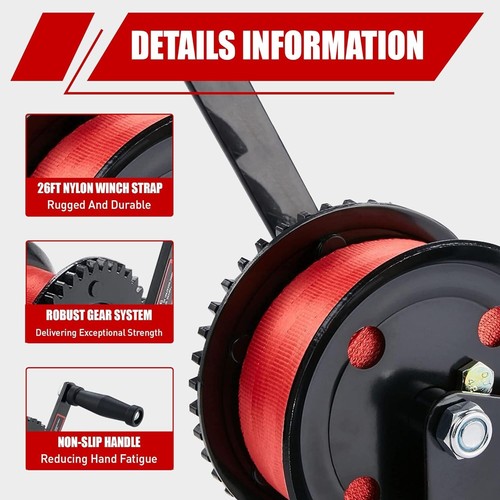 1600lb Boat Trailer Winch with 8M Red Strap, 2 Way Ratchet Hand Crank Strap W... - Picture 4 of 9
