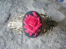 RED ROSE CAMEO ANTIQUED BRONZE FILIGREE BARRETTE - VICTORIAN LOOK, GOTH