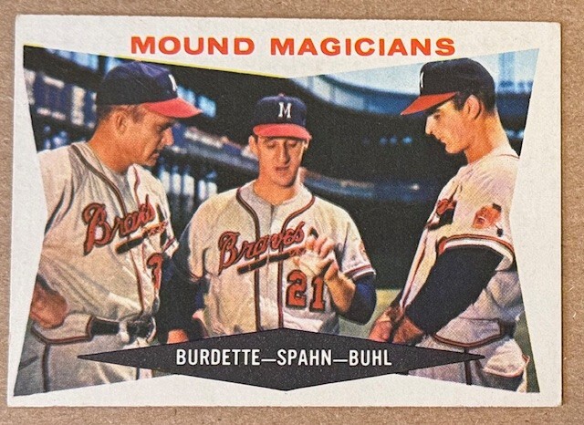 1960 TOPPS MOUND MAGICIANS WARREN SPAHN BURDETTE BUHL CARD #230 VG/EX CONDITION