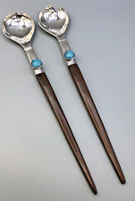 Custom made 2 piece Salad Set 13.5", Sterling Silver, Wood and Turquoise, Nice 