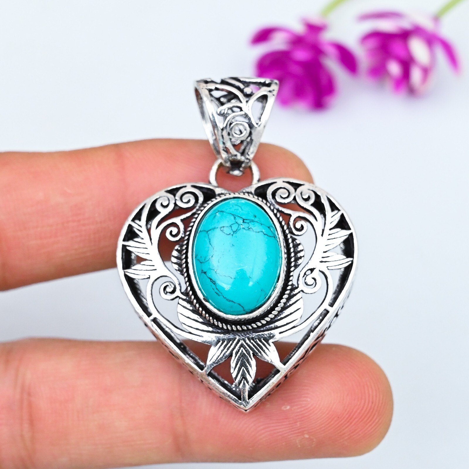 Natural Turquoise Gemstone 925 Sterling Silver Handmade Heart Pendant Jewelry