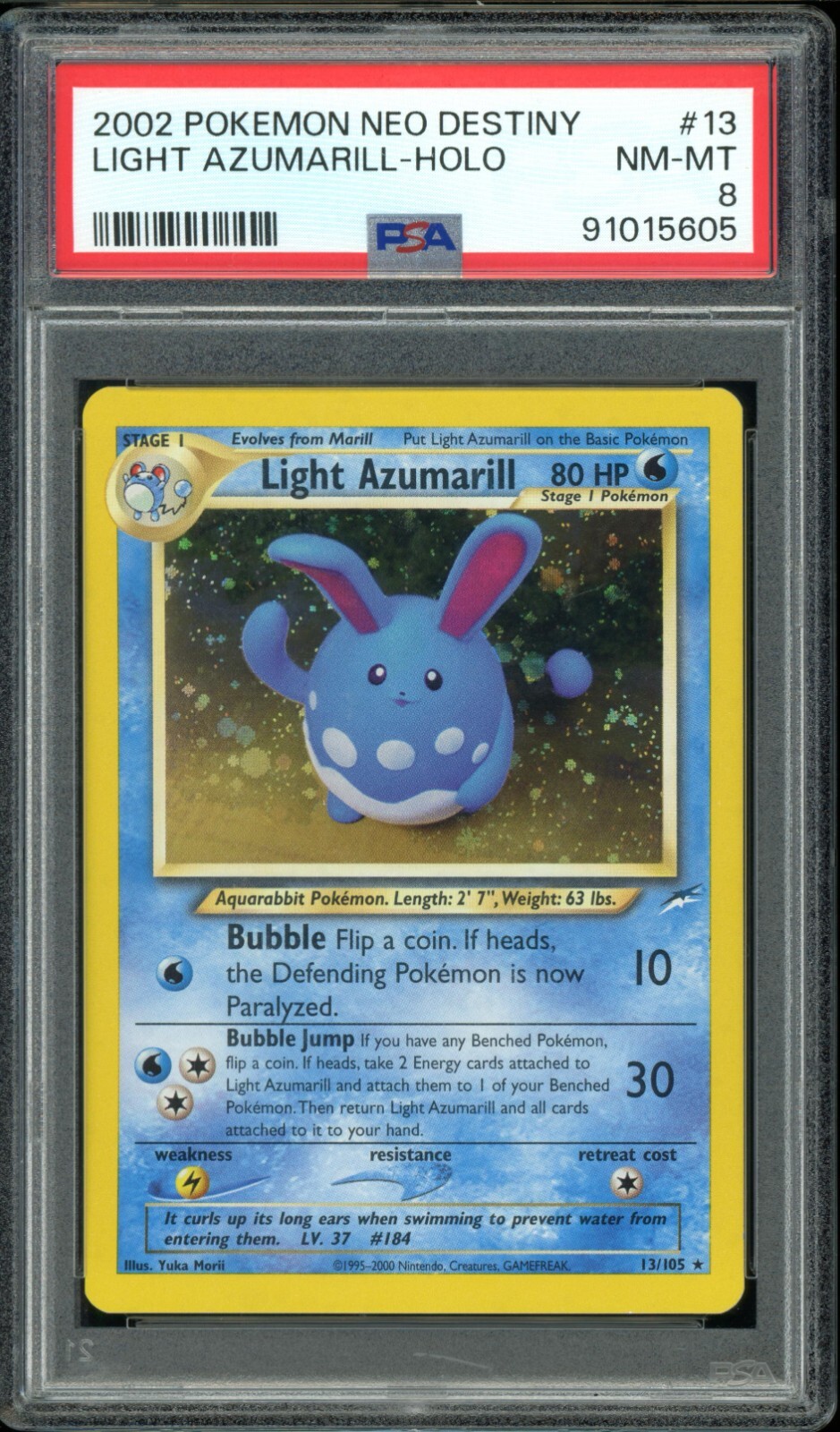 PSA 8 NM-Mint Light Azumarill 13/105 Neo Destiny 2002 Holo Rare WotC