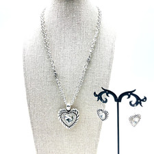 Rhinestone Heart Jewelry Set Silver Tone Earrings Necklace Love Valentine Gift