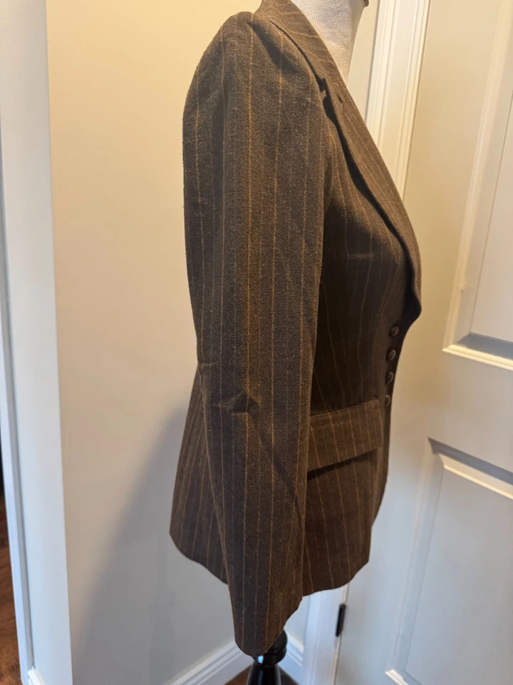 EUC David Meister Chaqueta Blazer a rayas amarillas de mezcla de lana marrón SZ 4 Foto 2 de 4
