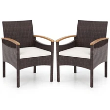 2 Piece Outdoor Patio Dining Chair Acacia Wood Armrest Balcony Chair Metal Frame