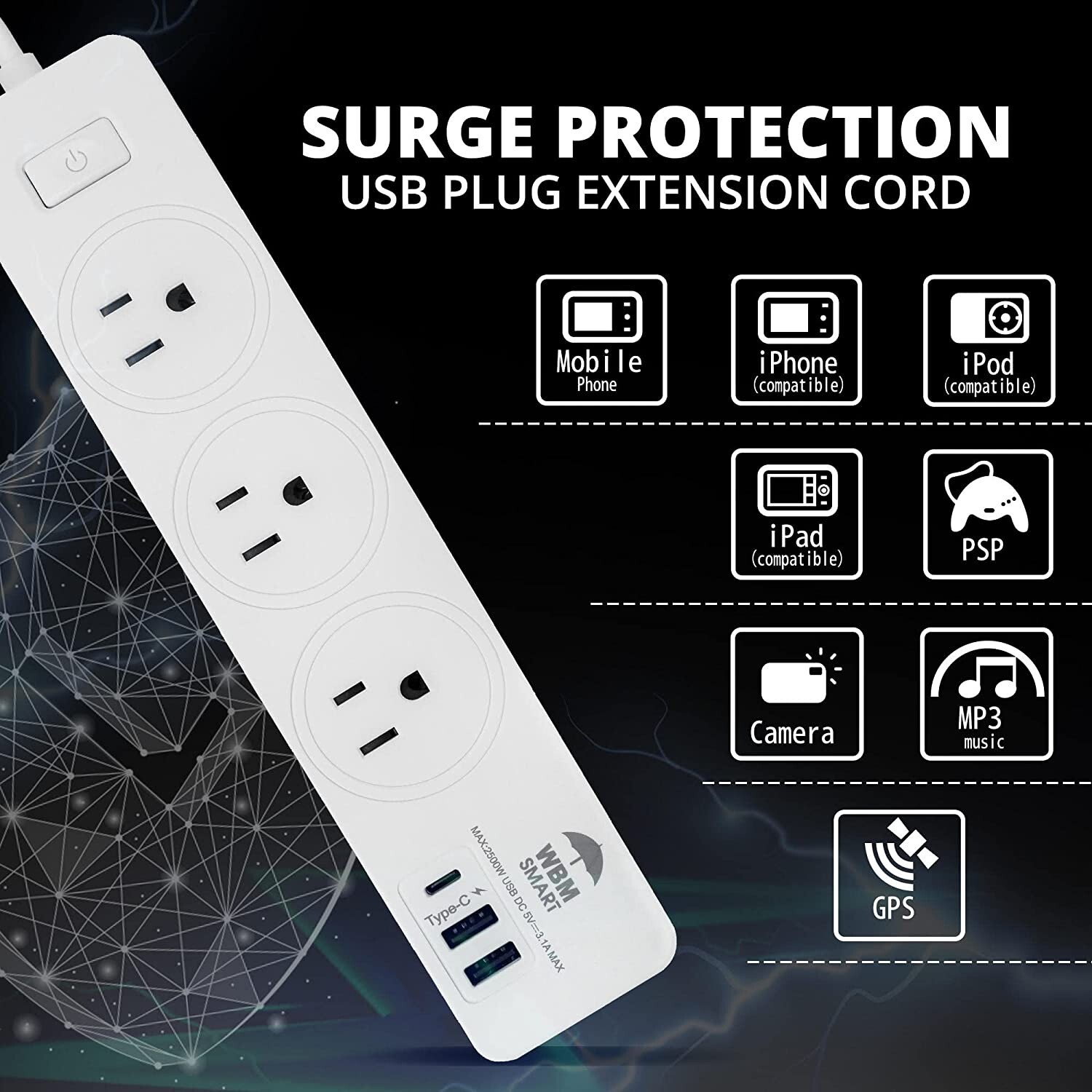 WBM Extension Cord Socket 5.9 ft Surge Protector Power Strip with 2 USB Ports...-image