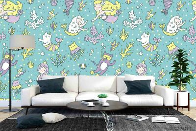 3D Cartoon Mermaid Cat Coral Self-adhesive Removable Wallpaper Murals Wall 475