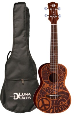 Luna UKE PCE C Love Music Peace Concert Ukulele w/ Gigbag, Pau Ferro