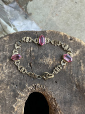 Antique Victorian Gold Plated German Dutch Marquise Cut Pink Paste Bracelet 5.5"