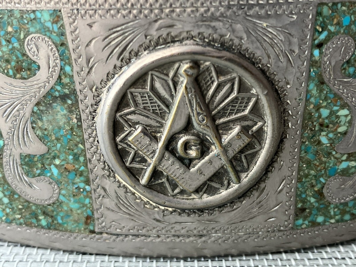 Sterling Silver Freemasons Belt Buckle With Turquoise Brass & Enamel Inlay Vintage Metal Belt Buckle, Silver and Blue and Red Inlaid  main image 3