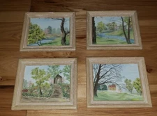 Lot 4 Vintage Mid Century Framed Landscape group signed stream barn bridge oil?