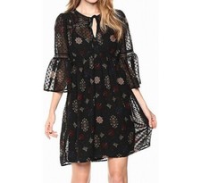 Lucky Brand Semi-sheer Swiss Dot Floral A-line Dress Medium Lace Bell Sleeve