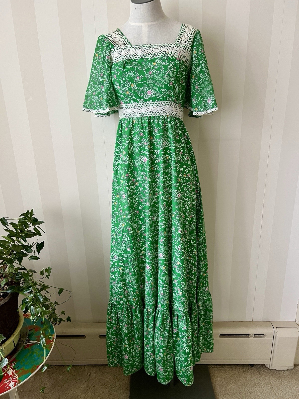 Green floral crocheted maxi dress