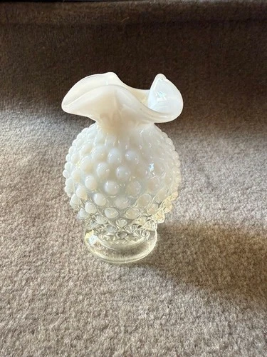 Vintage Fenton 3.75" White Opalescent Ruffle Edge Hobnail Small Bud Vase