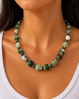 Green Agate Emerald Green Glass Bead Necklace Handmade Gold Toggle