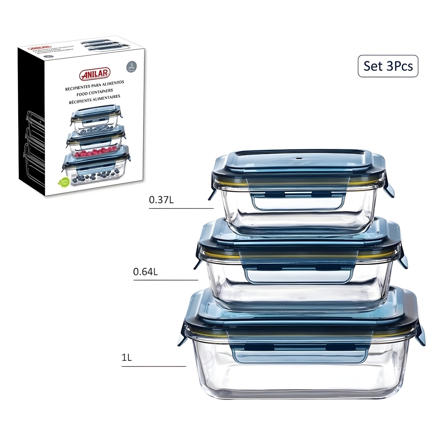 Food Storage Container Set of 3 Glass with Airtight Snap Lid Microwave Safe