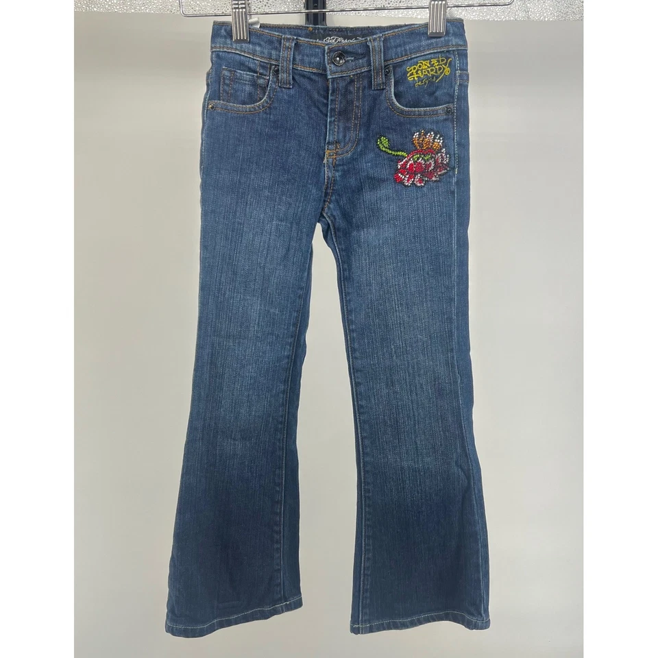 Pantalones de mezclilla Y2K Ed Hardy niños niñas corte bota adornados con logotipo floral bolsillo talla 6 Foto 2 de 4