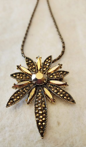 Hollycraft Amber Rhinestone Floral Pendant Necklace Goldtone Vtg 20"/2.5" Signed